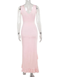 Elegant Sleeveless Ruffles Sexy Long Dress For Women Summer New Deep V Neck Backless Thigh High Split Maxi Dress