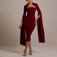 Hollow Out Long Sleeved Slim A-line Dress Elegant Square Neck Waist Solid Color Wrap Hip Dress