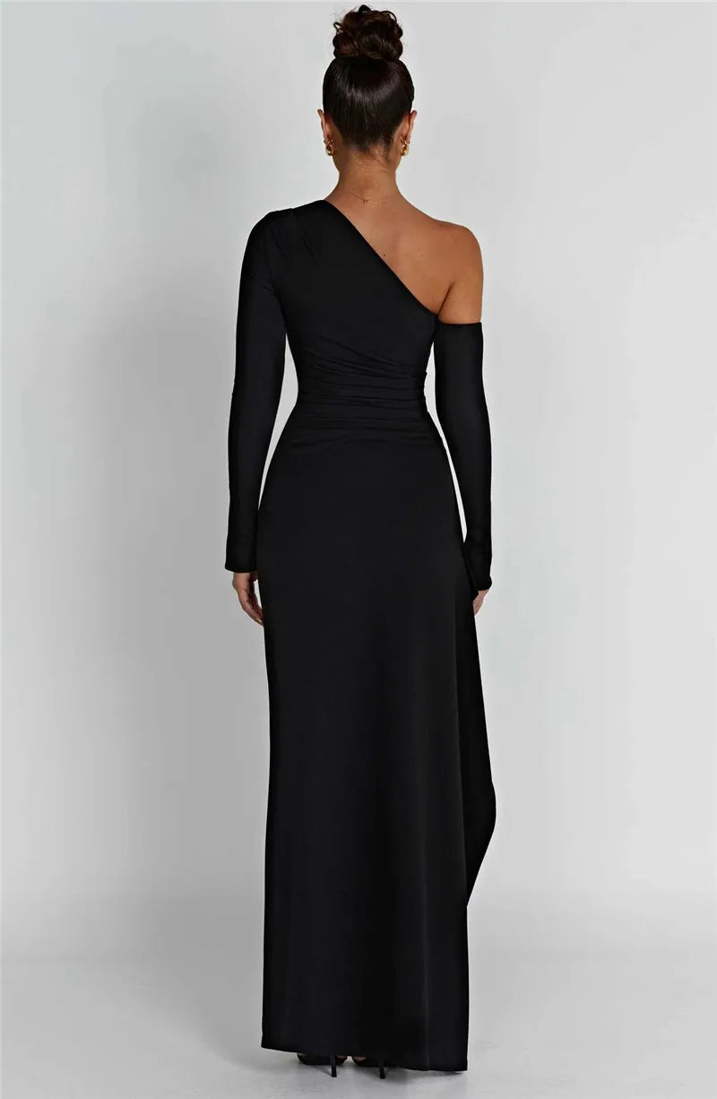 Oblique Shoulder Thigh High Split Maxi Dress Women Long Sleeve Backless Bodycon Sexy Club Party Long Dress Vestidos