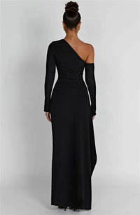 Oblique Shoulder Thigh High Split Maxi Dress Women Long Sleeve Backless Bodycon Sexy Club Party Long Dress Vestidos
