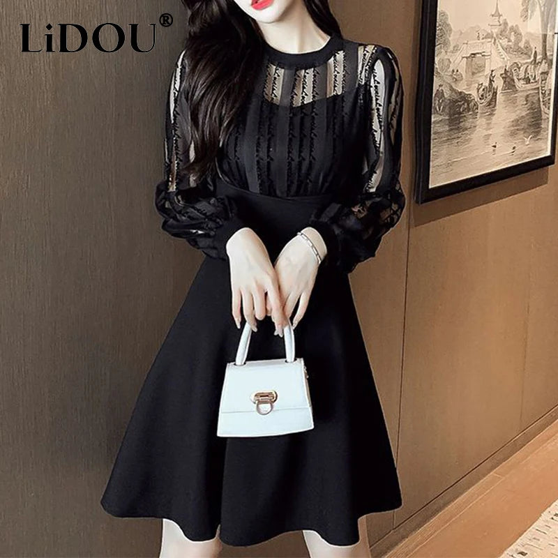 Elegant Mesh Patchwork Dress Ladies Long Sleeve Waist Black Vestido