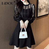 Elegant Mesh Patchwork Dress Ladies Long Sleeve Waist Black Vestido