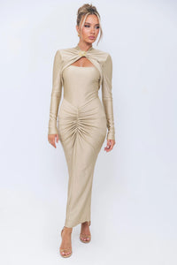 Articat Elegant Long Sleeved Elastic Tight Long Dress Pleated Hollowed Out Slim Vestido