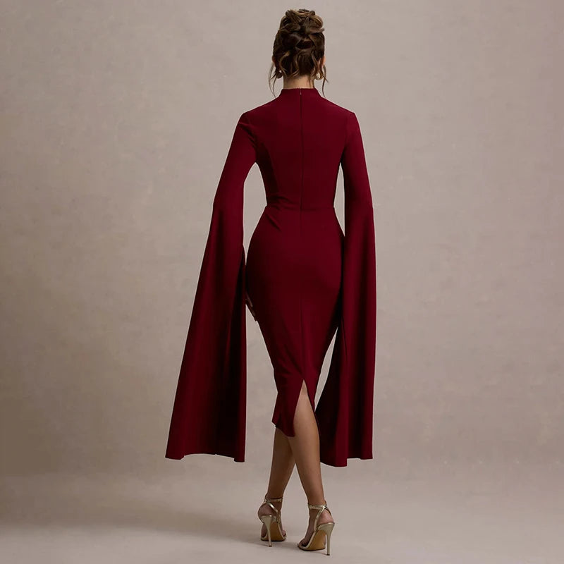 Hollow Out Long Sleeved Slim A-line Dress Elegant Square Neck Waist Solid Color Wrap Hip Dress