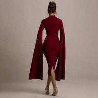 Hollow Out Long Sleeved Slim A-line Dress Elegant Square Neck Waist Solid Color Wrap Hip Dress