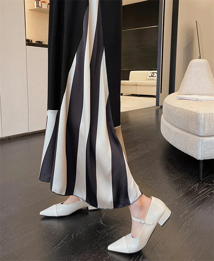 Vestidos Robe Elbise Loose Plus Size Patchwork Silk Velvet Stripe Long Dress