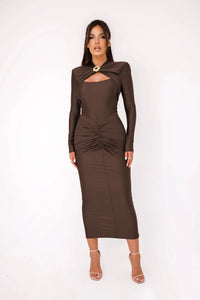 Articat Elegant Long Sleeved Elastic Tight Long Dress Pleated Hollowed Out Slim Vestido