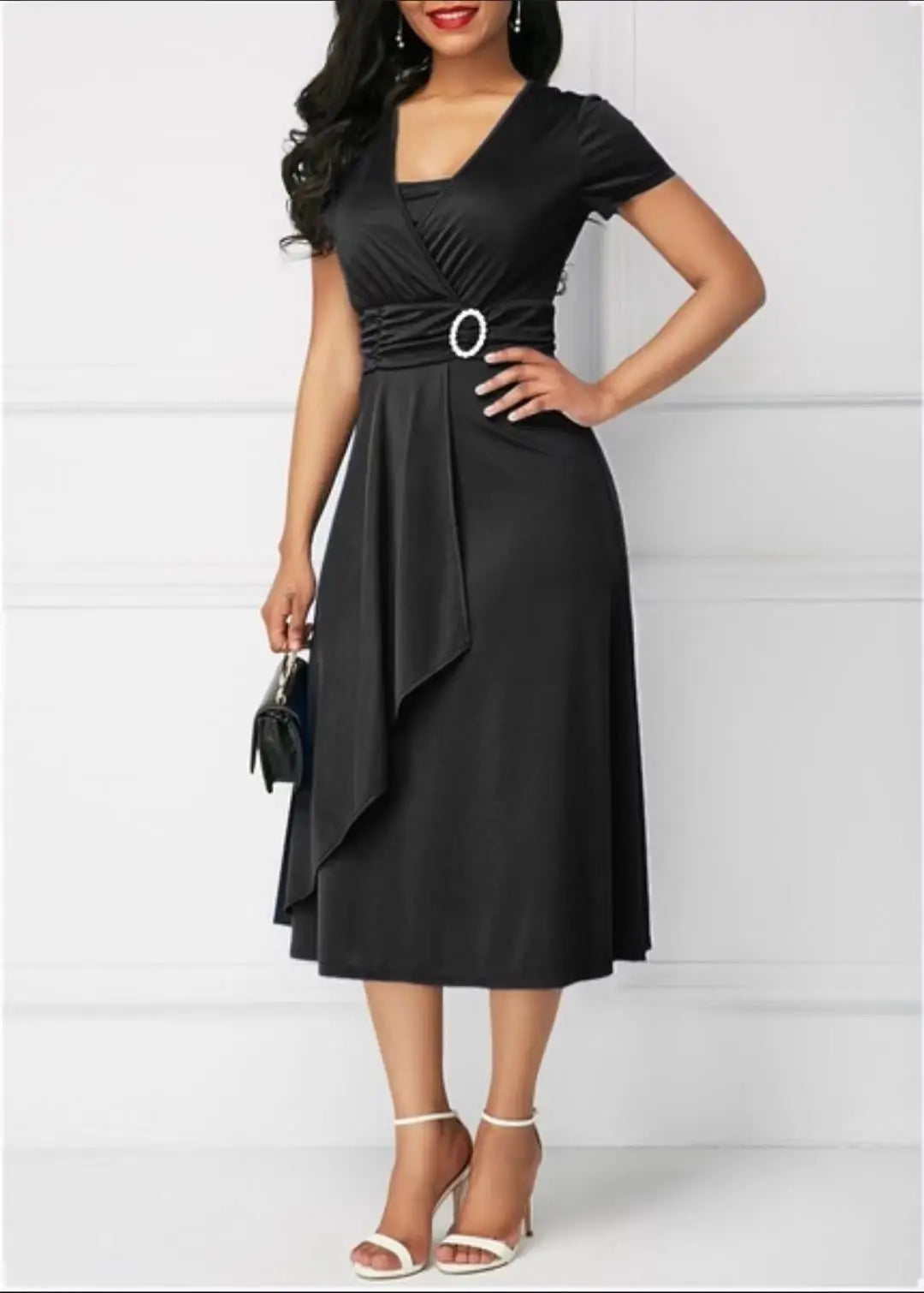 Elegant V-neck Plus Size Ruched High Waist Midi Dress Vestidos