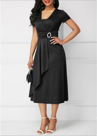 Elegant V-neck Plus Size Ruched High Waist Midi Dress Vestidos