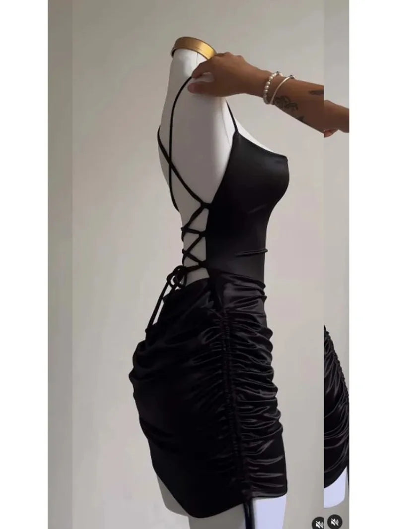 Women's Sexy Satin Lace Up Bodycon Mini Dress, Sleeveless, Backless, Party Club Dresses, Elegant Evening Clothes, Black Robe