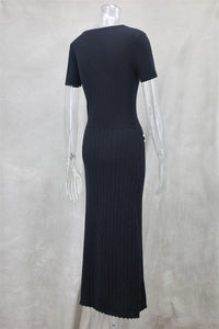 Office Lady Elegant Knitted Long Dress Summer Short Sleelve V Neck Single Breasted Bodycon Dresses Women Party Fashion Vestidos