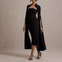 Hollow Out Long Sleeved Slim A-line Dress Elegant Square Neck Waist Solid Color Wrap Hip Dress