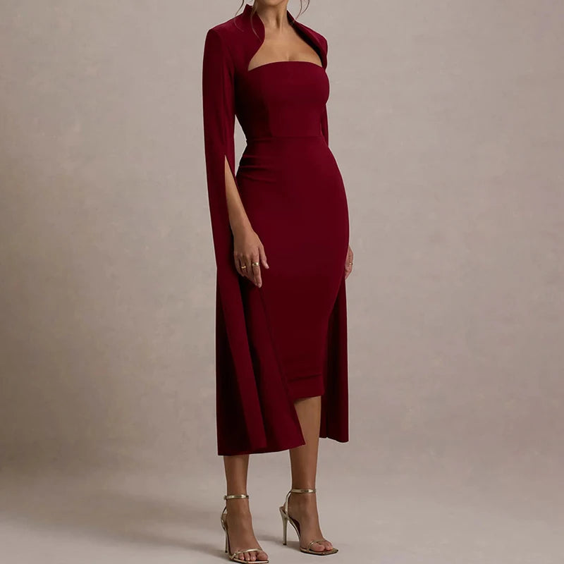 Hollow Out Long Sleeved Slim A-line Dress Elegant Square Neck Waist Solid Color Wrap Hip Dress