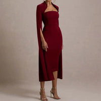 Hollow Out Long Sleeved Slim A-line Dress Elegant Square Neck Waist Solid Color Wrap Hip Dress
