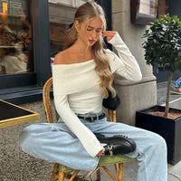 Xeemilo Elegant Slash-neck Ribbed Crop Tops Skinny Off Shoulder Long Sleeve