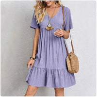 Women Summer Peplum Dresses V-Neck Short Sleeve Loose Waist Ruffle Fit Flare