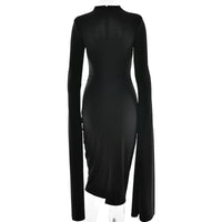 Hollow Out Long Sleeved Slim A-line Dress Elegant Square Neck Waist Solid Color Wrap Hip Dress