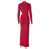 Sexy Maxi Dress Women Fashion Waist Cut Out Slim Party Dresses Red Long Sleeve Evening Party Christmas Dress