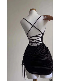 Women's Sexy Satin Lace Up Bodycon Mini Dress, Sleeveless, Backless, Party Club Dresses, Elegant Evening Clothes, Black Robe