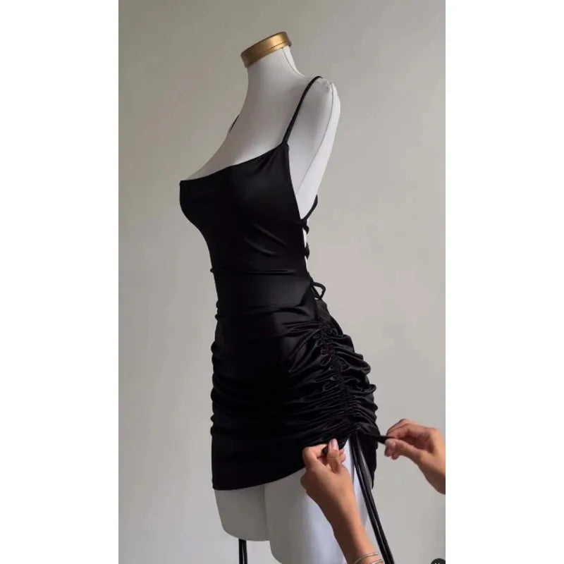 Women's Sexy Satin Lace Up Bodycon Mini Dress, Sleeveless, Backless, Party Club Dresses, Elegant Evening Clothes, Black Robe