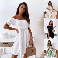 Women's Short Sleeved One Line Neck Commuter Waist Fold Lantern Sleeves Gentle A-line Solid Color Dress