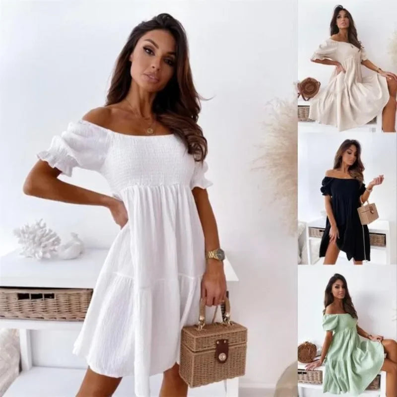 Women's Short Sleeved One Line Neck Commuter Waist Fold Lantern Sleeves Gentle A-line Solid Color Dress