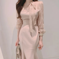 Elegant O Neck Lace Hook Flower Dress for Women Back Tie Bow Long Fishtail Slim Fit Dresses Vintage Feminine Bodycon Vestidos