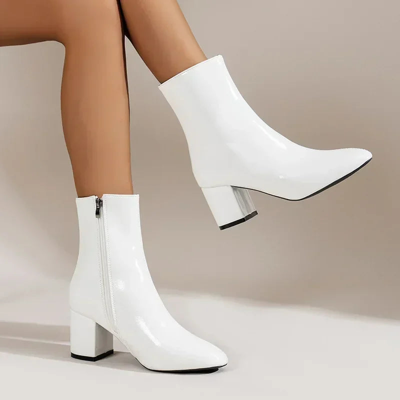 Ankle Boots for Women Side Zipper Stretch Middle Heel Botas De Mujer