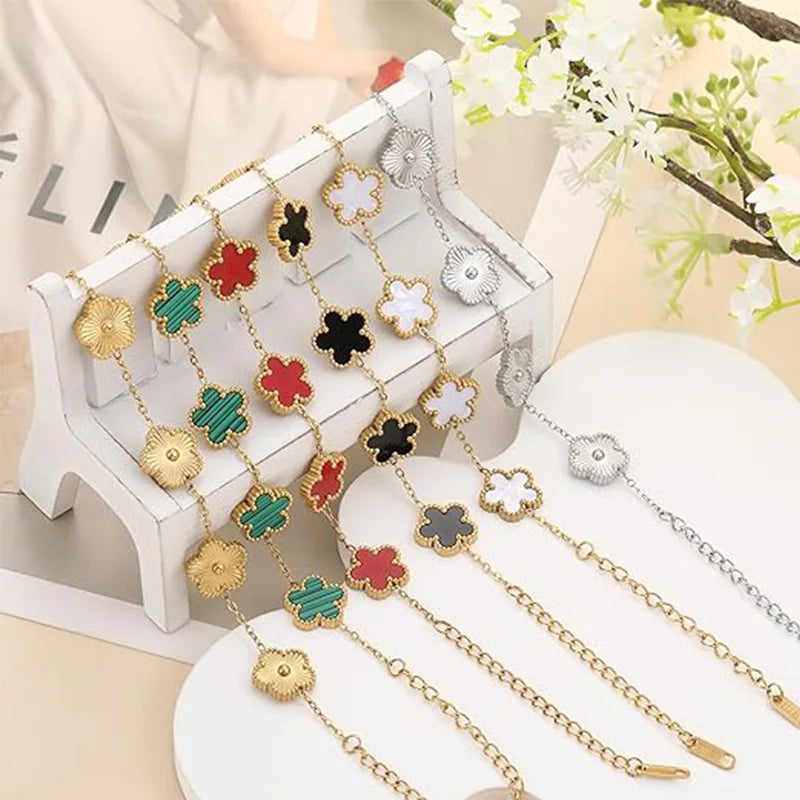 Lucky Clover Women's Hand Bracelets Double Sided Flowers Jewelry