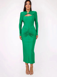 Articat Elegant Long Sleeved Elastic Tight Long Dress Pleated Hollowed Out Slim Vestido