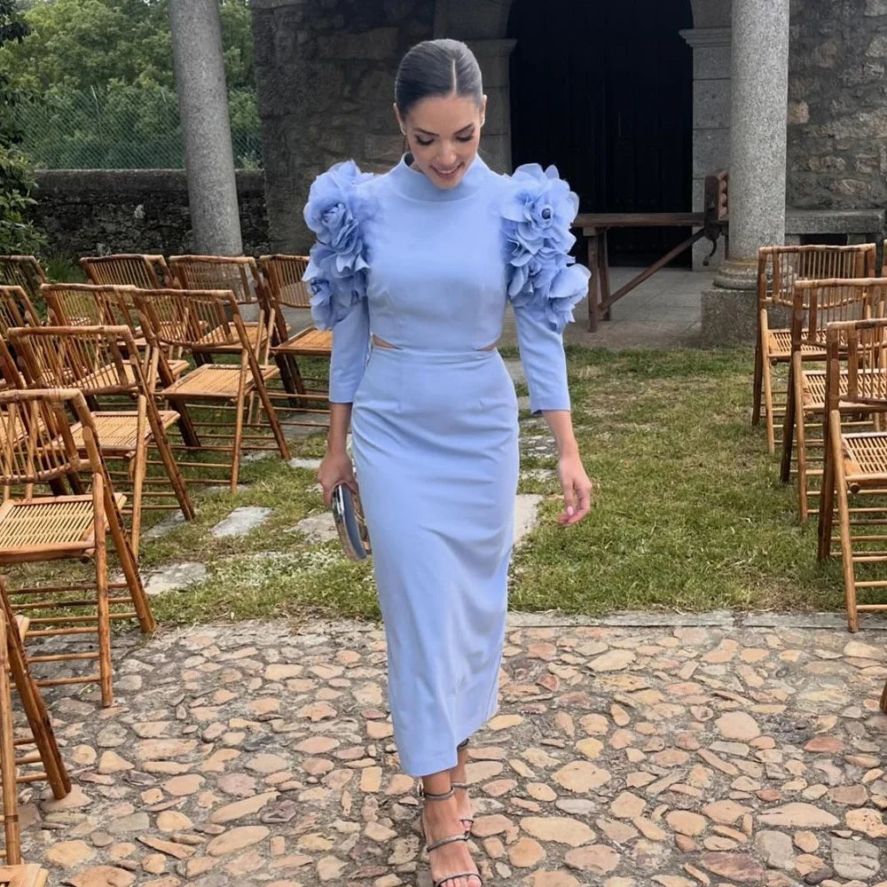 Elegant Jersey Flower A-line High Collar Midi Dresses Homecoming Dresses Exquisite High Quality Sexy Sparkle Sizes Available