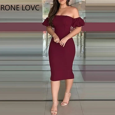 Women Off Shoulder Plain Zipper Design Back Slit Dress Sexy Bodycon Dress