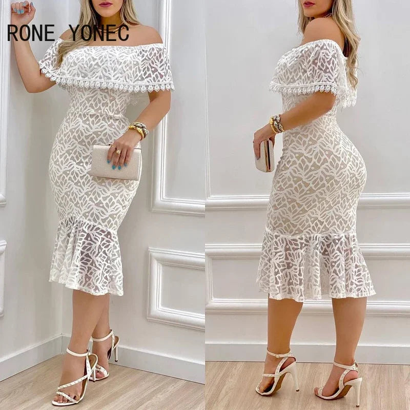 Women Solid Chic Off Shoulder Ruffle Hem Lace Hem Bodycon