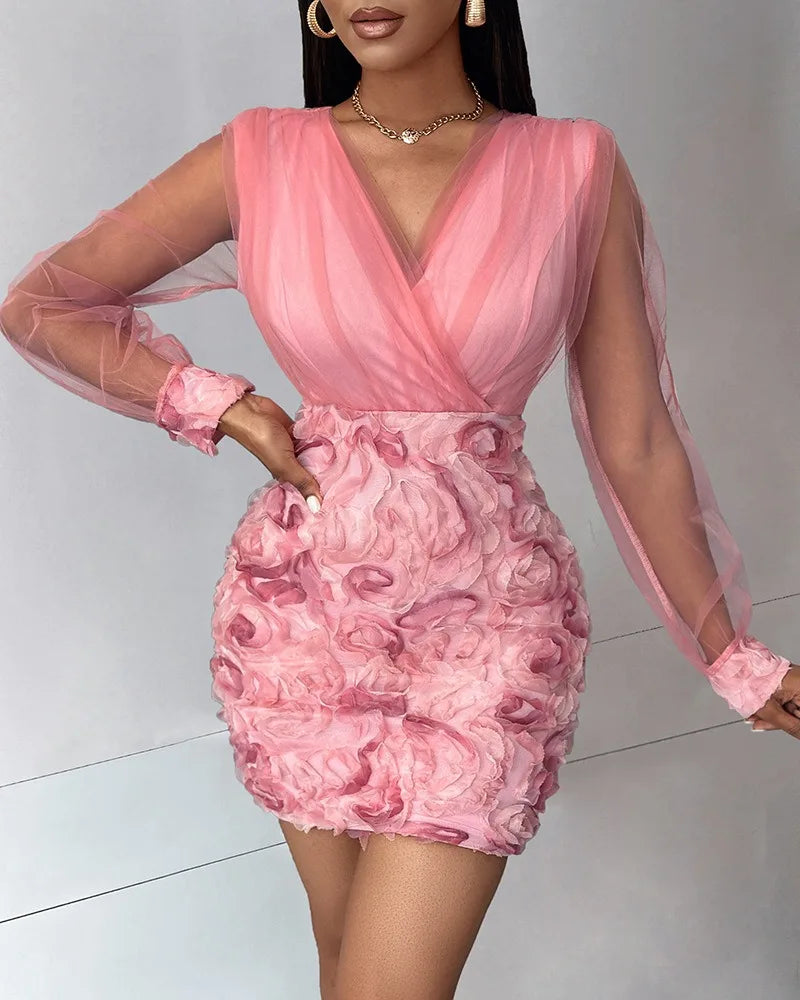 Women Floral Pattern Sheer Mesh Patch Long Sleeve V-Neck Elegant Dress