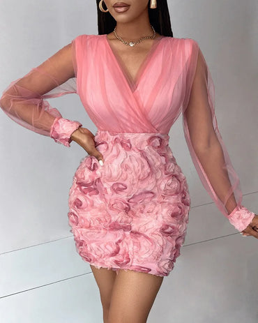Women Floral Pattern Sheer Mesh Patch Long Sleeve V-Neck Elegant Dress
