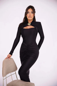 Articat Elegant Long Sleeved Elastic Tight Long Dress Pleated Hollowed Out Slim Vestido