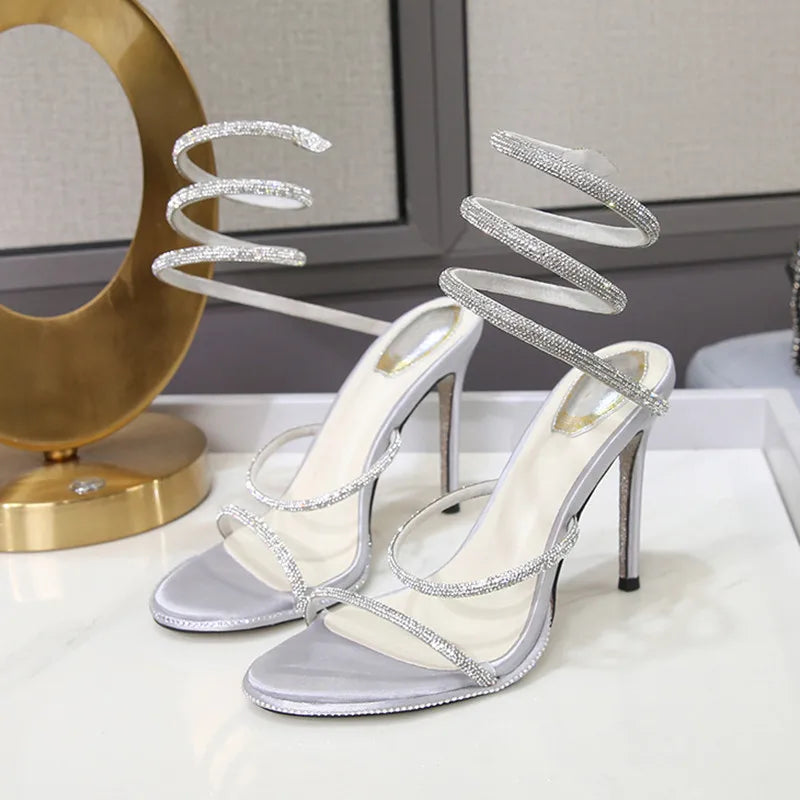 Snake Twine Around Crystal Women Sandals Luxury Rhinestones Thin High heels Gladiator