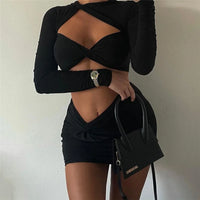 Meqeiss New Elegant Fashion Long Sleeve Sexy Cut Out Skirts 2 Piece Sets Lady Outfits Matching Sets Twist Crop Top and Skirts