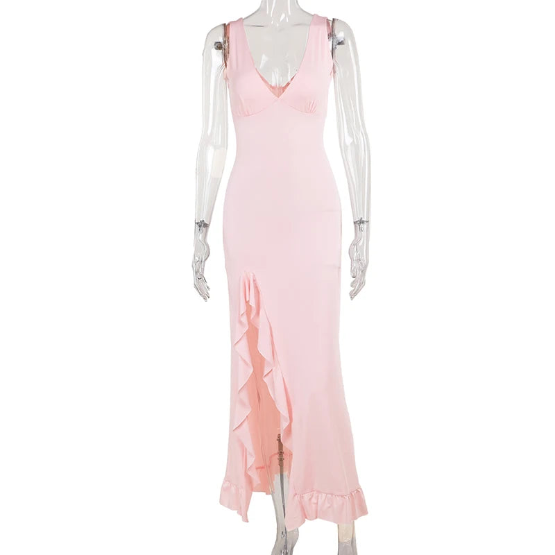 Elegant Sleeveless Ruffles Sexy Long Dress For Women Summer New Deep V Neck Backless Thigh High Split Maxi Dress