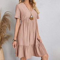 Women Summer Peplum Dresses V-Neck Short Sleeve Loose Waist Ruffle Fit Flare