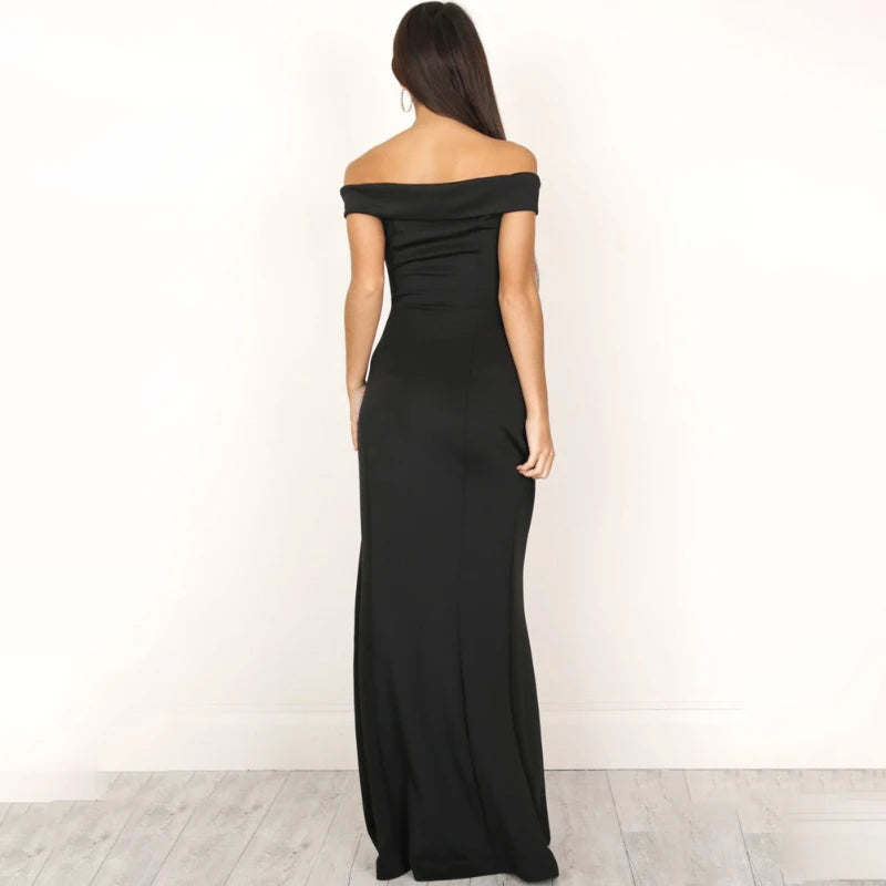 Elegant Dresses Blue Slim Maxi Dress Slash Neck Off Shoulder Dress for Women