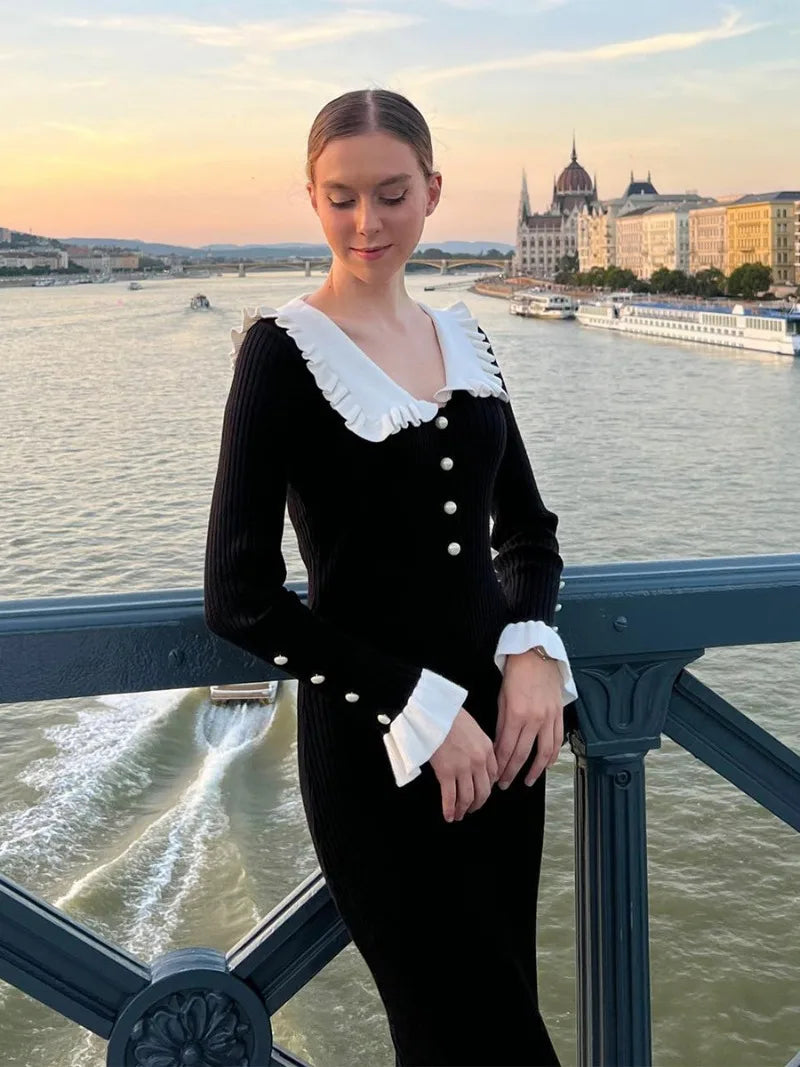 High Waist Ruffled Maxi Dresses For Women Knitted Slim Long Dress Women's Vintage Dress