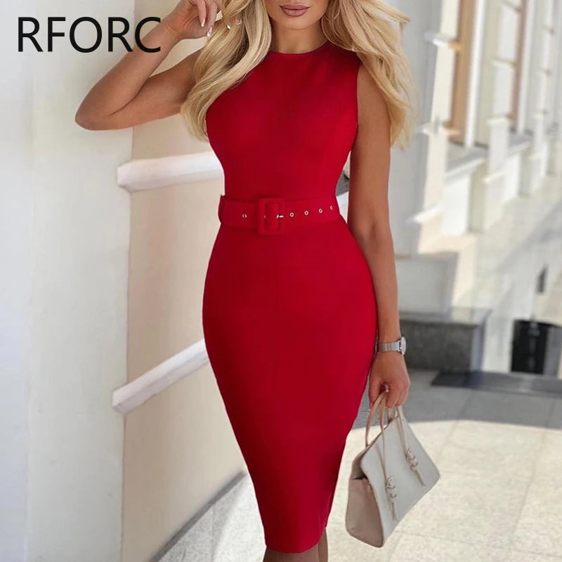 Women Solid Sleeveless with Belts Midi Bodycon Formal Party Red Dress