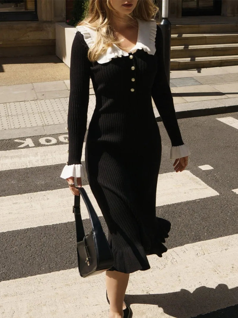 High Waist Ruffled Maxi Dresses For Women Knitted Slim Long Dress Women's Vintage Dress