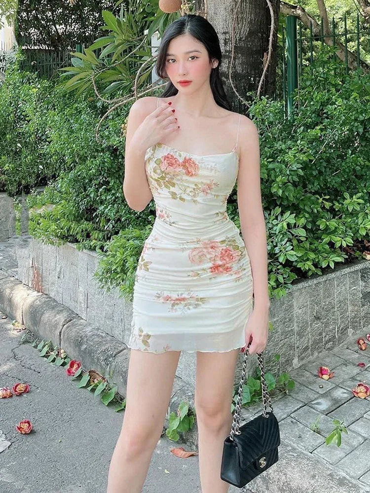 Women's Summer Short Dress Printed Halter Mesh Slim Retro Flower Dresses