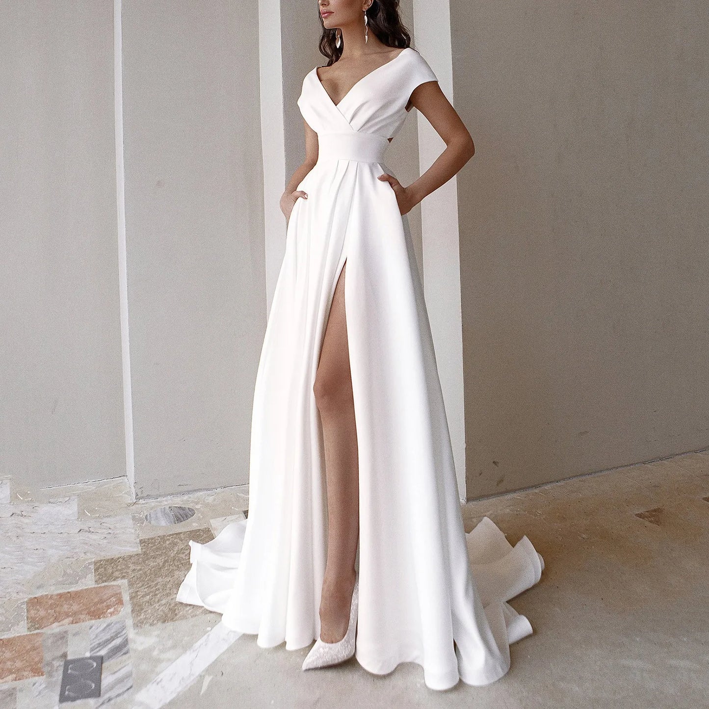 Elegant Long Dress Ruffle Edge Solid Color Crossbody Waist Split