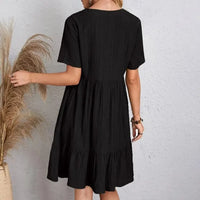 Women Summer Peplum Dresses V-Neck Short Sleeve Loose Waist Ruffle Fit Flare