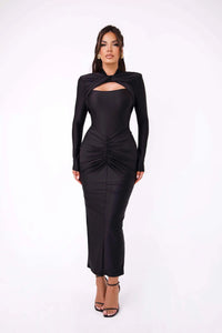 Articat Elegant Long Sleeved Elastic Tight Long Dress Pleated Hollowed Out Slim Vestido