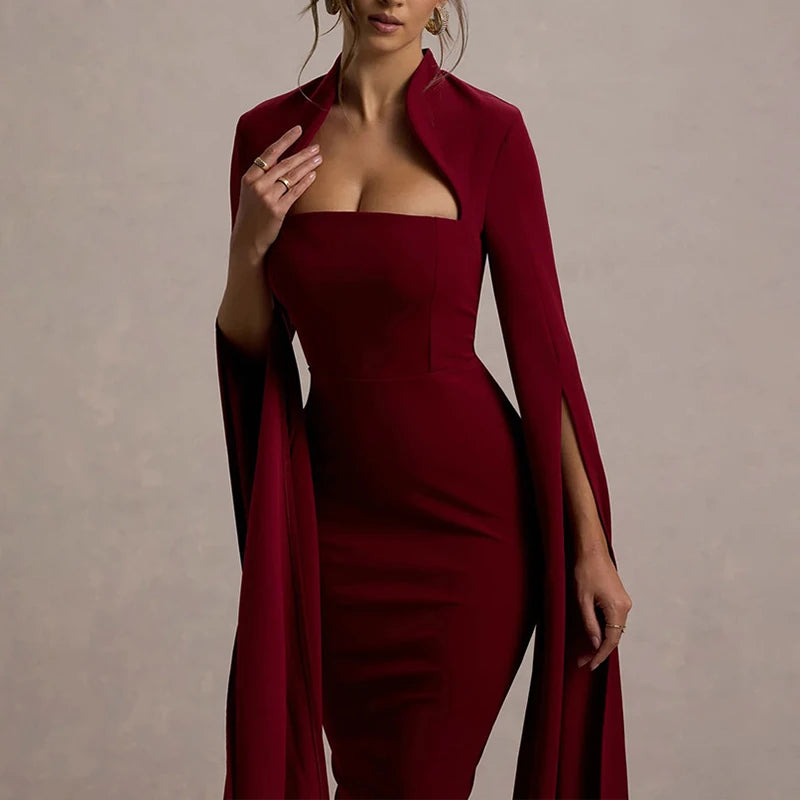 Hollow Out Long Sleeved Slim A-line Dress Elegant Square Neck Waist Solid Color Wrap Hip Dress
