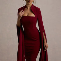Hollow Out Long Sleeved Slim A-line Dress Elegant Square Neck Waist Solid Color Wrap Hip Dress